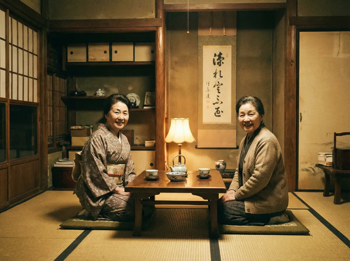 两位优雅的 甜心狐狸 在日式茶室中品茶交谈
